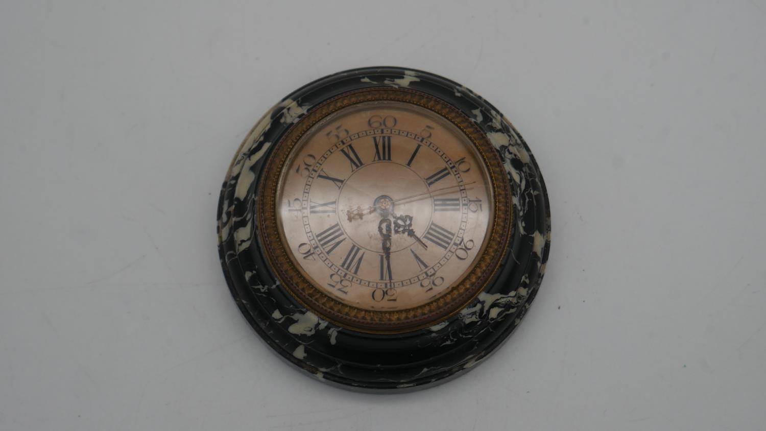 A leather cased 19th century black and white marble and gilt bronze circular travel clock by - Image 3 of 6