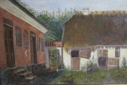 A gilt framed oil on canvas of a thatched cottage and house. Unsigned, label verso.