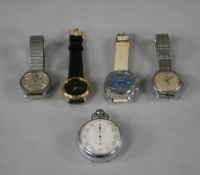 A collection of five vintage watches. Including a Memostar Alarm stainless steel vintage gentleman's