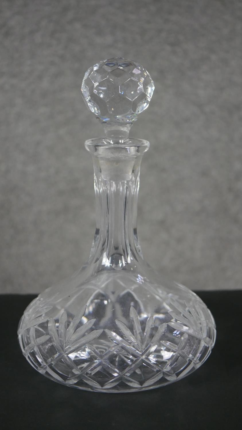 Three cut crystal decanters. One rectangular with a faceted ball stopper and the other two with - Image 5 of 6