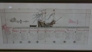 A framed and glazed watercolour and calligraphy illustration of the Mary Rose, a copy of the 16th