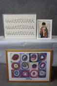 A collection of three prints. Including a print of David Hockney self portrait, a framed and glazed