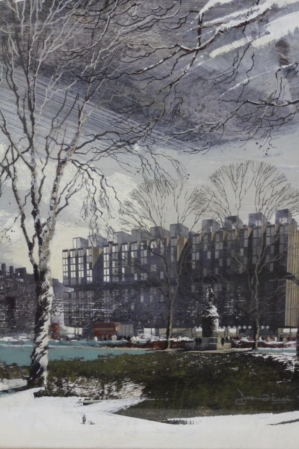 A framed and glazed acrylic on board of a city scene, indistinctly signed and dated 66, for Ian - Image 3 of 6