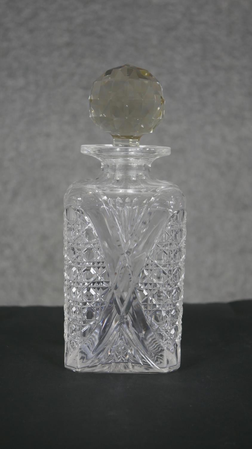 Three cut crystal decanters. One rectangular with a faceted ball stopper and the other two with - Image 3 of 6
