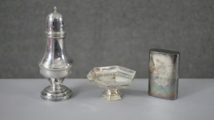 A collection of silver and silver plate. Including a boxed silver sugar sifter, hallmarked: LLtd for