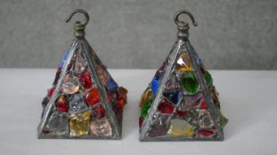 A pair of 1950's Peter Marsh leaded coloured glass pyramid lamp shades. H.20 W.15cm