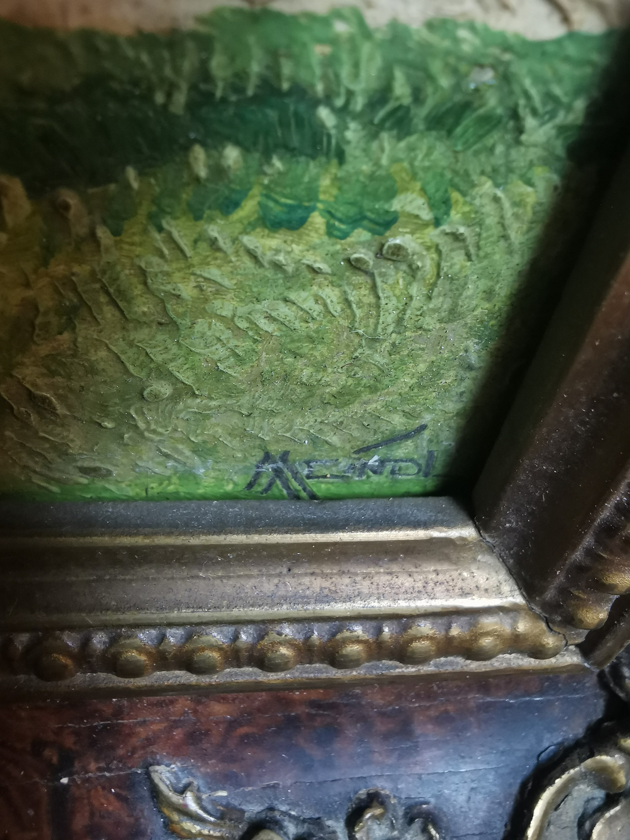 A gilt framed 19th century oil on board of a horse drawn carriage. Indistinctly signed with label - Image 6 of 6