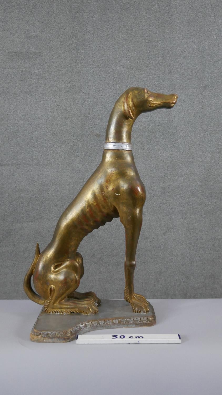 A life size early 20th century carved giltwood greyhound with collar, mounted on a wooden plinth - Image 2 of 6