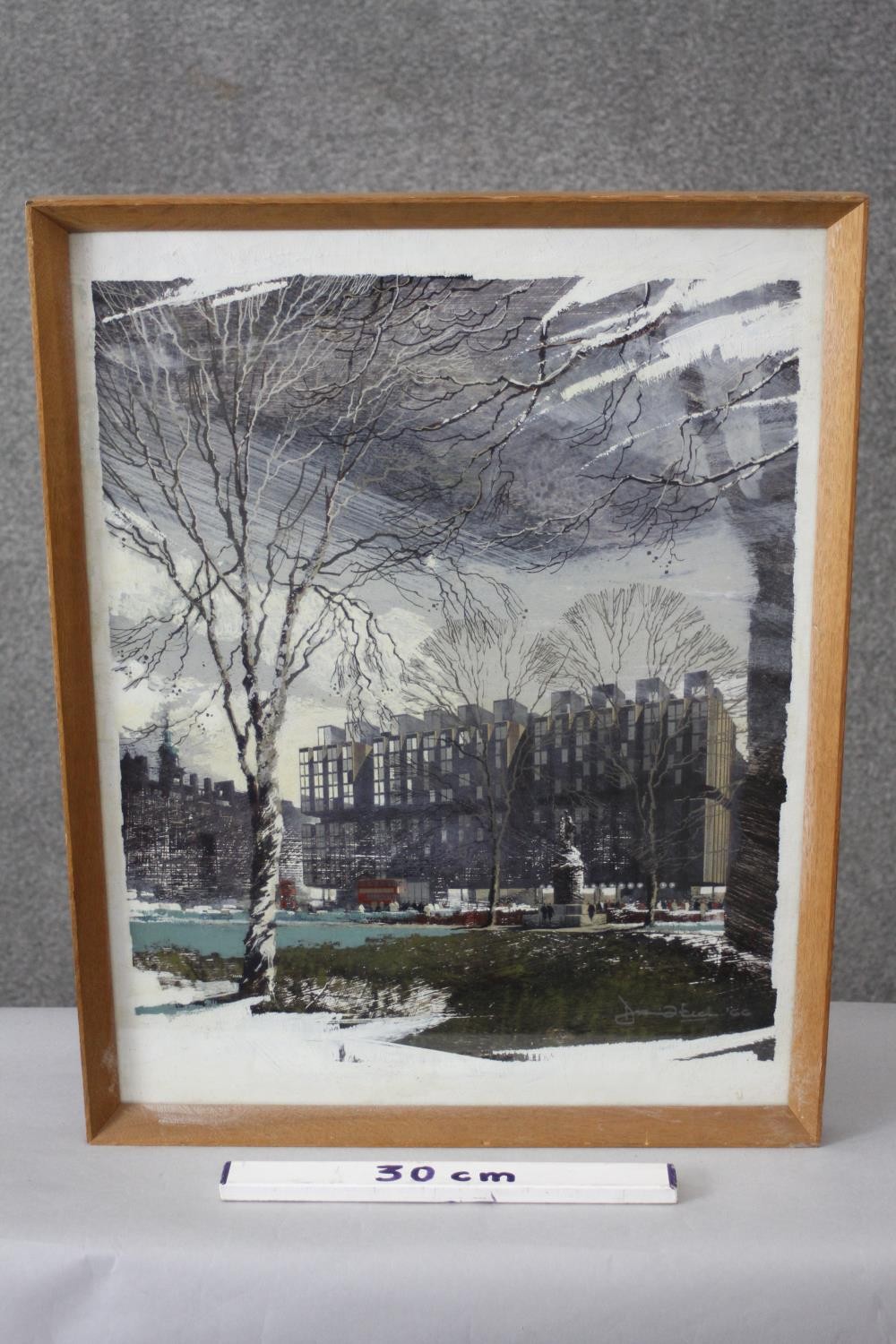 A framed and glazed acrylic on board of a city scene, indistinctly signed and dated 66, for Ian - Image 2 of 6