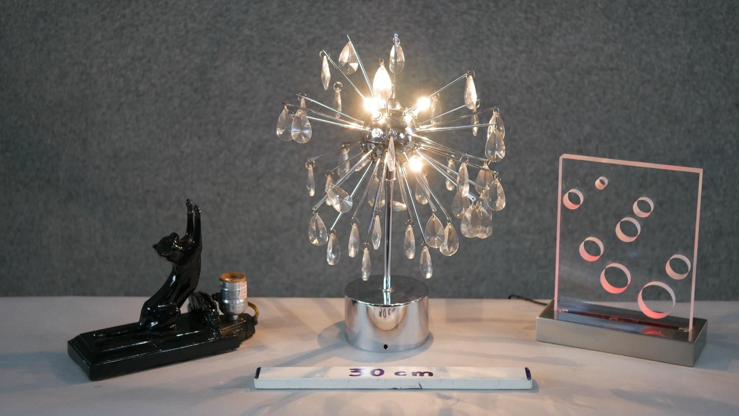 Three vintage lights. Including a sputnik crystal drop chrome desk lamp, an acrylic circle design - Image 8 of 8