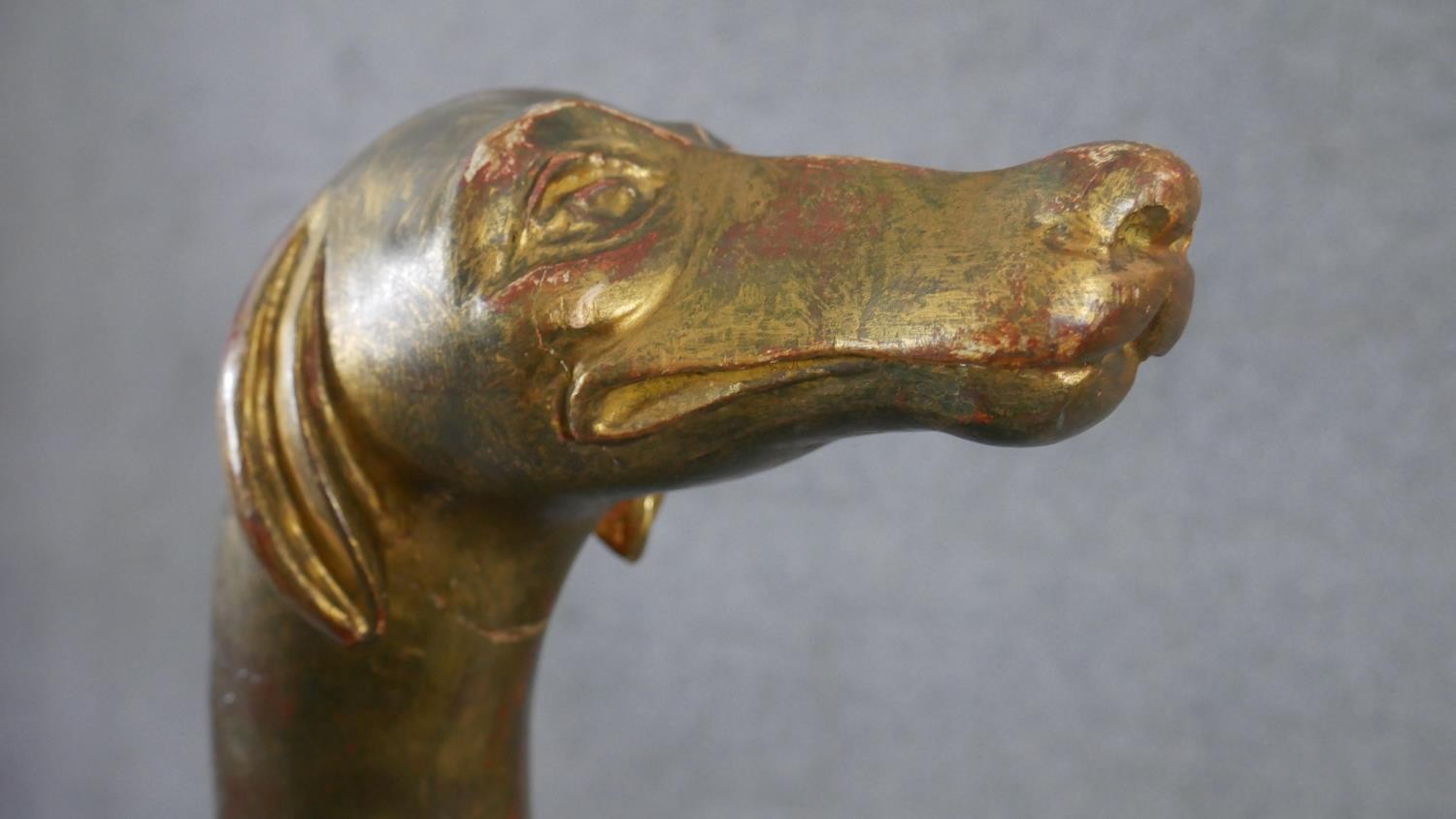 A life size early 20th century carved giltwood greyhound with collar, mounted on a wooden plinth - Image 3 of 6