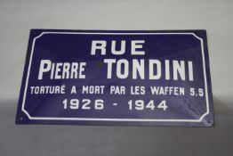 A vintage blue and white French enamel street sign "Rue Pierre Tondini" 1926-1944. H.31 W.50cm