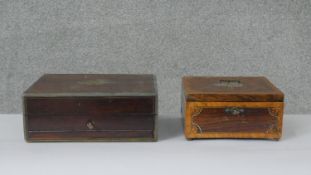 A 19th century rosewood and brass bound stationery box along with a similar satinwood inlaid