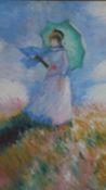 After Claude Monet- A framed and glazed oil on board of Woman with a parasol. Unsigned. H.98 W.72cm