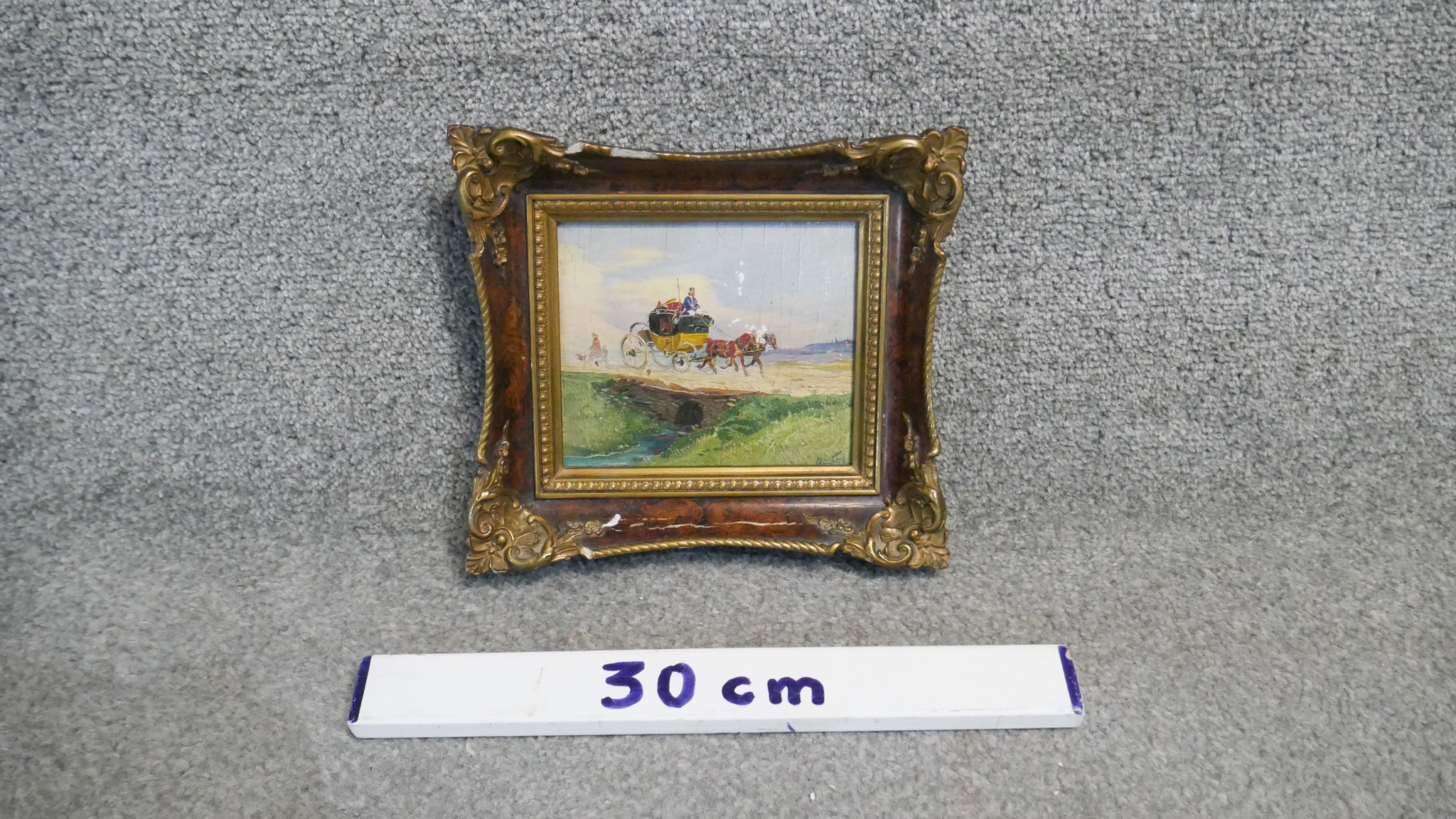 A gilt framed 19th century oil on board of a horse drawn carriage. Indistinctly signed with label - Image 3 of 6