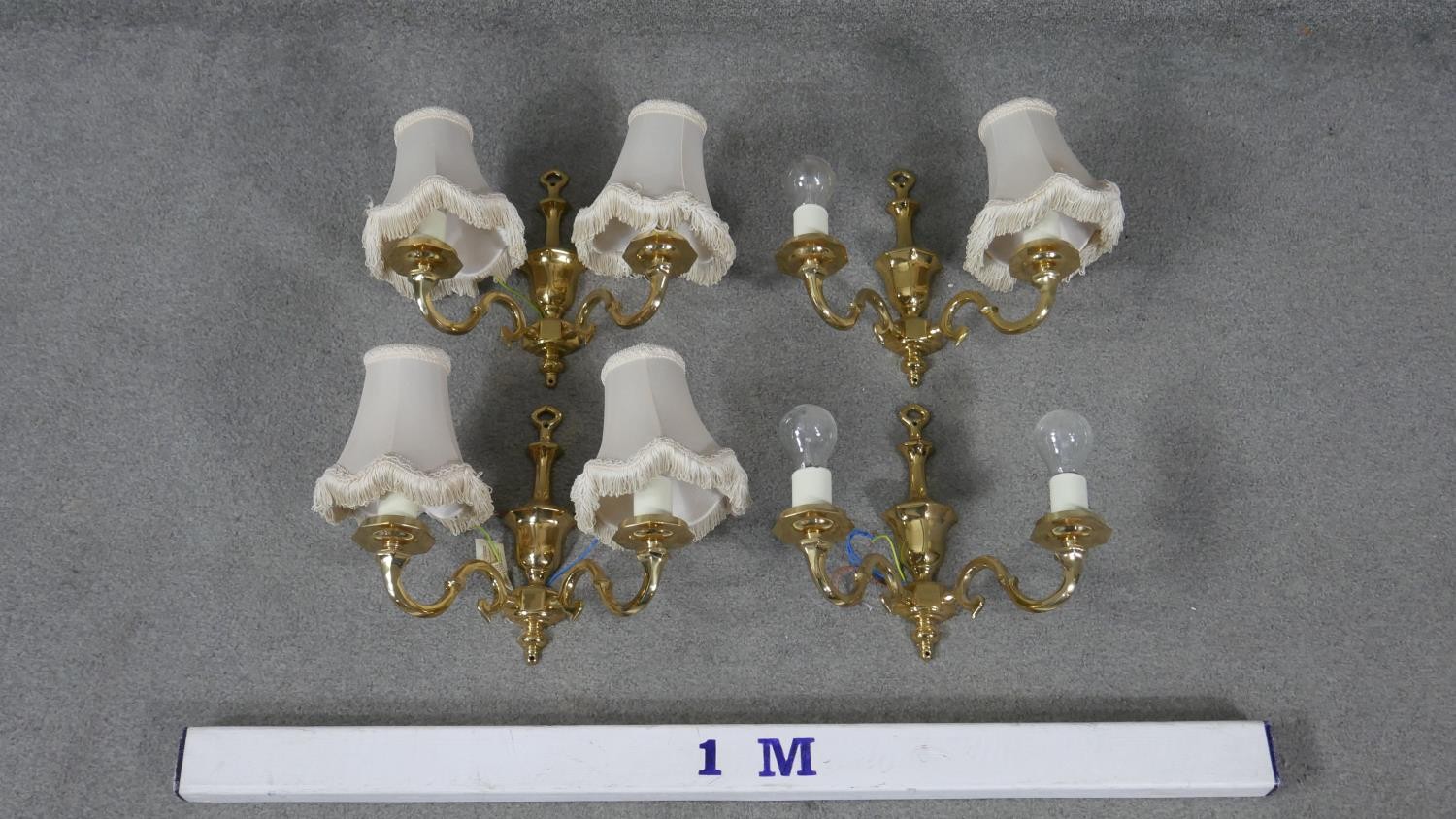 A set of four brass two branch scrolling design wall lights with cream silk shades and tassel - Image 4 of 4