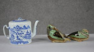 A collection of ceramics. Including two green and brown glazed art pottery ducks and a 18th