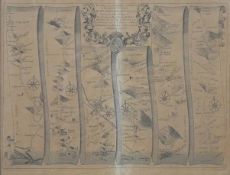 John Ogilby- A 17th century framed and glazed engraved road map of Dartmouth to Minhead. H.40 W.50cm