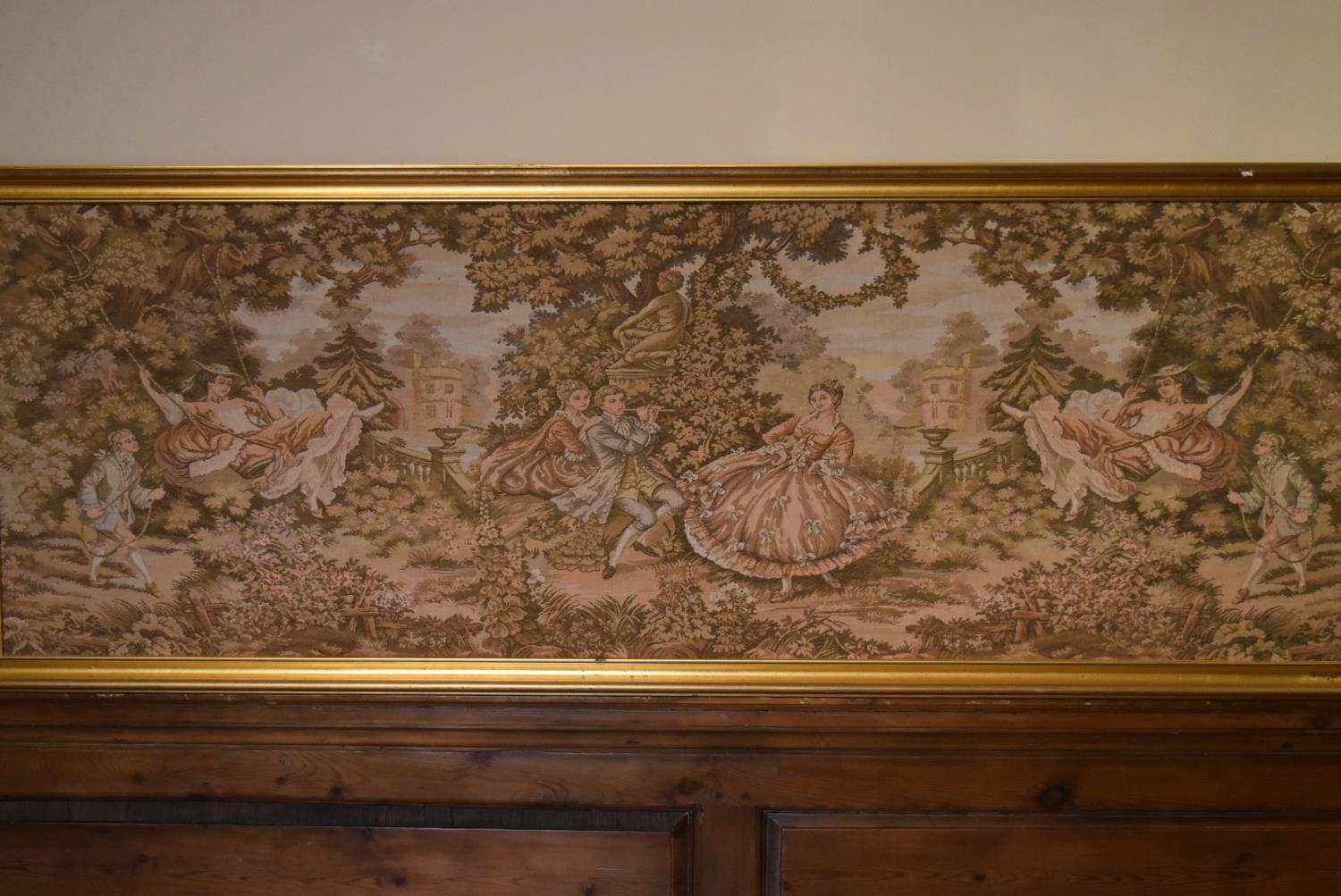 A large gilt framed Aubusson style wall hanging of a garden dance scene. H.75 W.204cm - Image 2 of 7