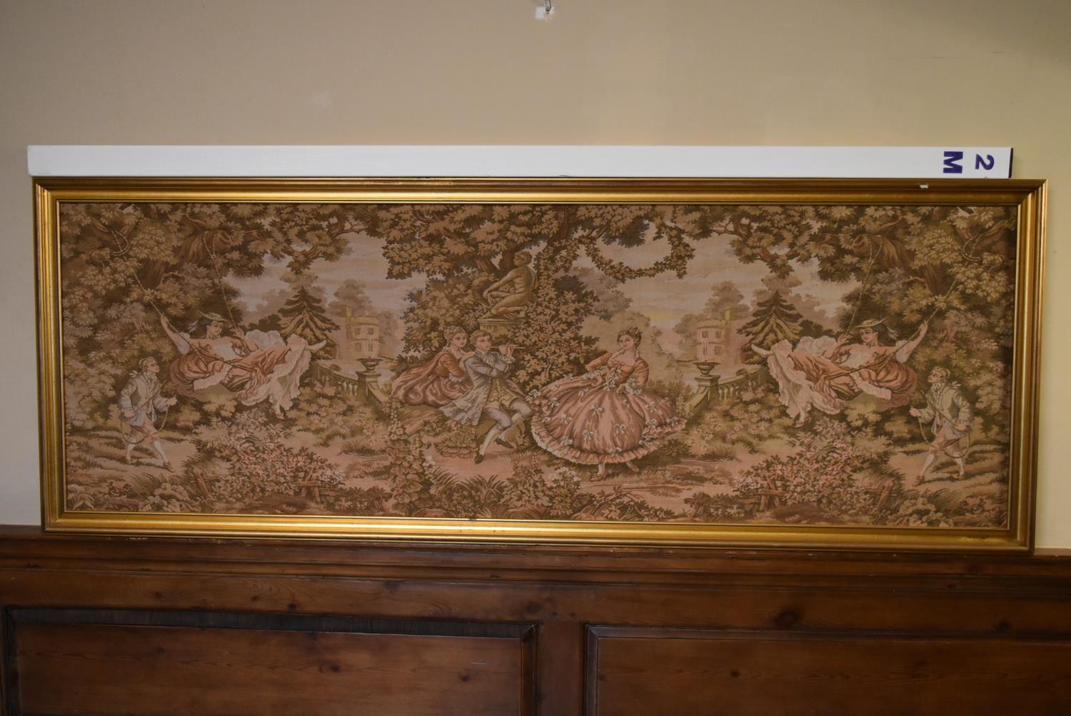 A large gilt framed Aubusson style wall hanging of a garden dance scene. H.75 W.204cm - Image 6 of 7