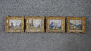 Four carved gilt framed miniature oils on board of alpine landscapes. Signed Eder and label verso.