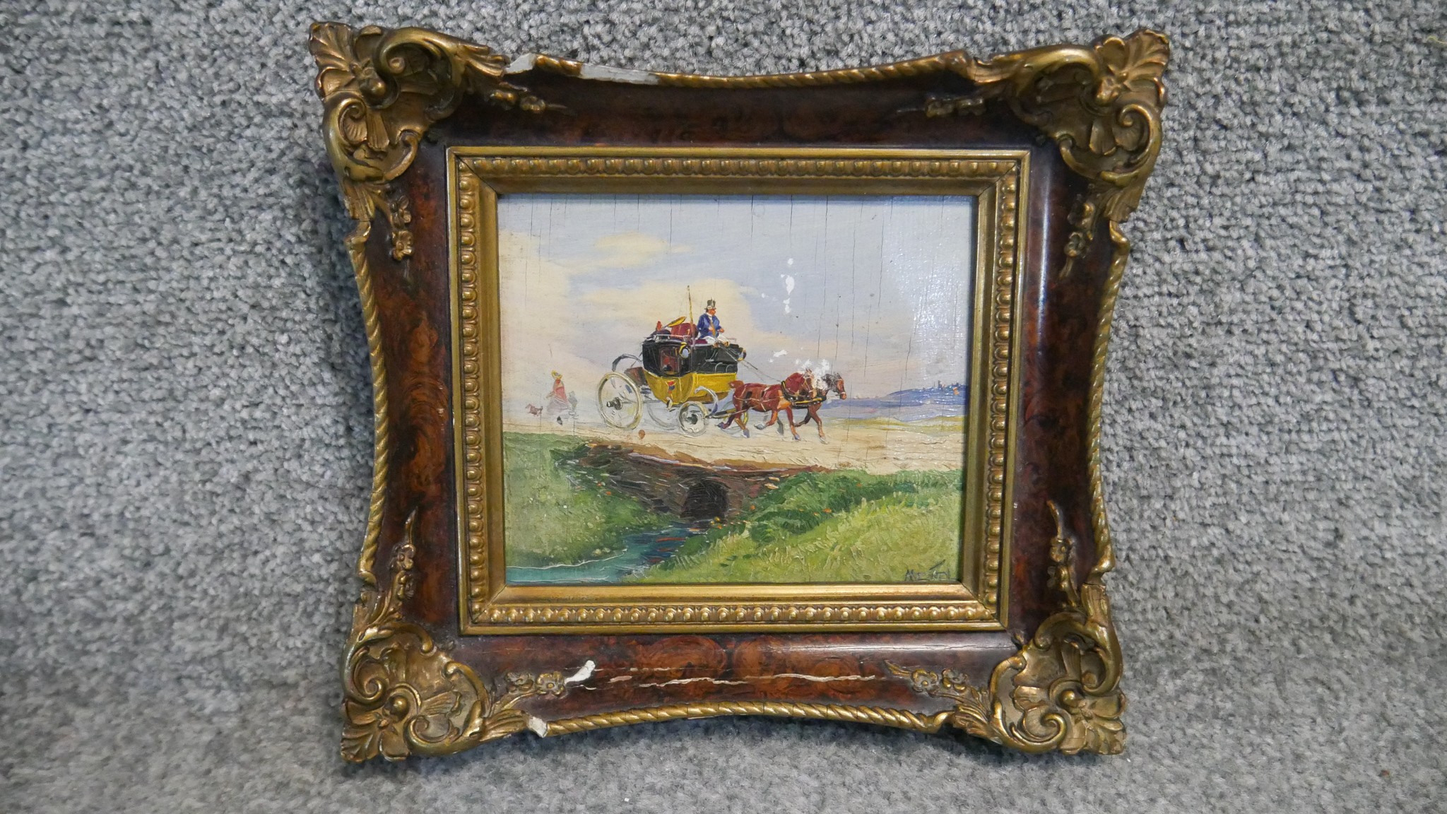A gilt framed 19th century oil on board of a horse drawn carriage. Indistinctly signed with label - Image 2 of 6