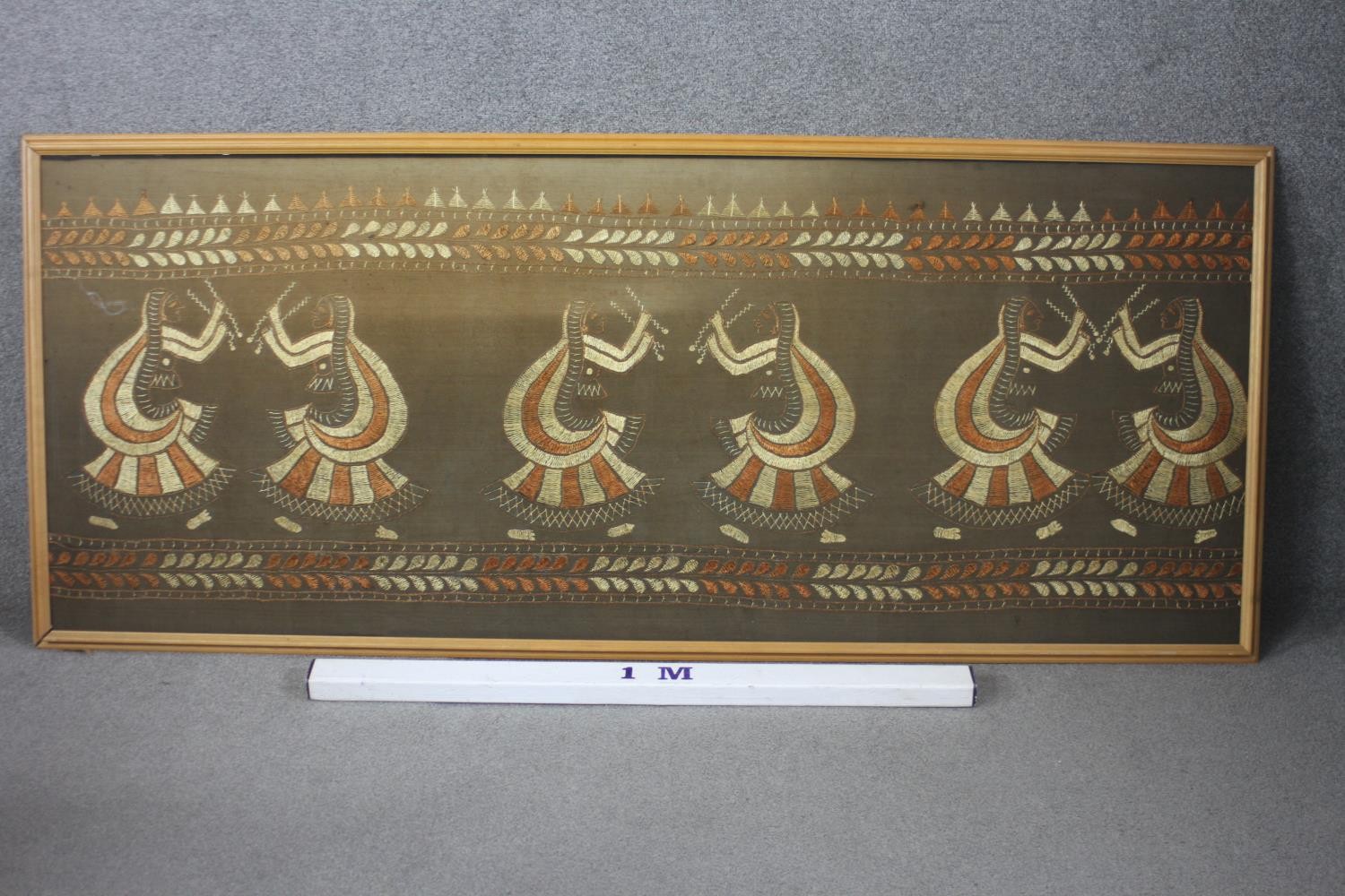 A large framed oriental silk needlework with dancing figures. H.80 W.193. cm - Image 5 of 5