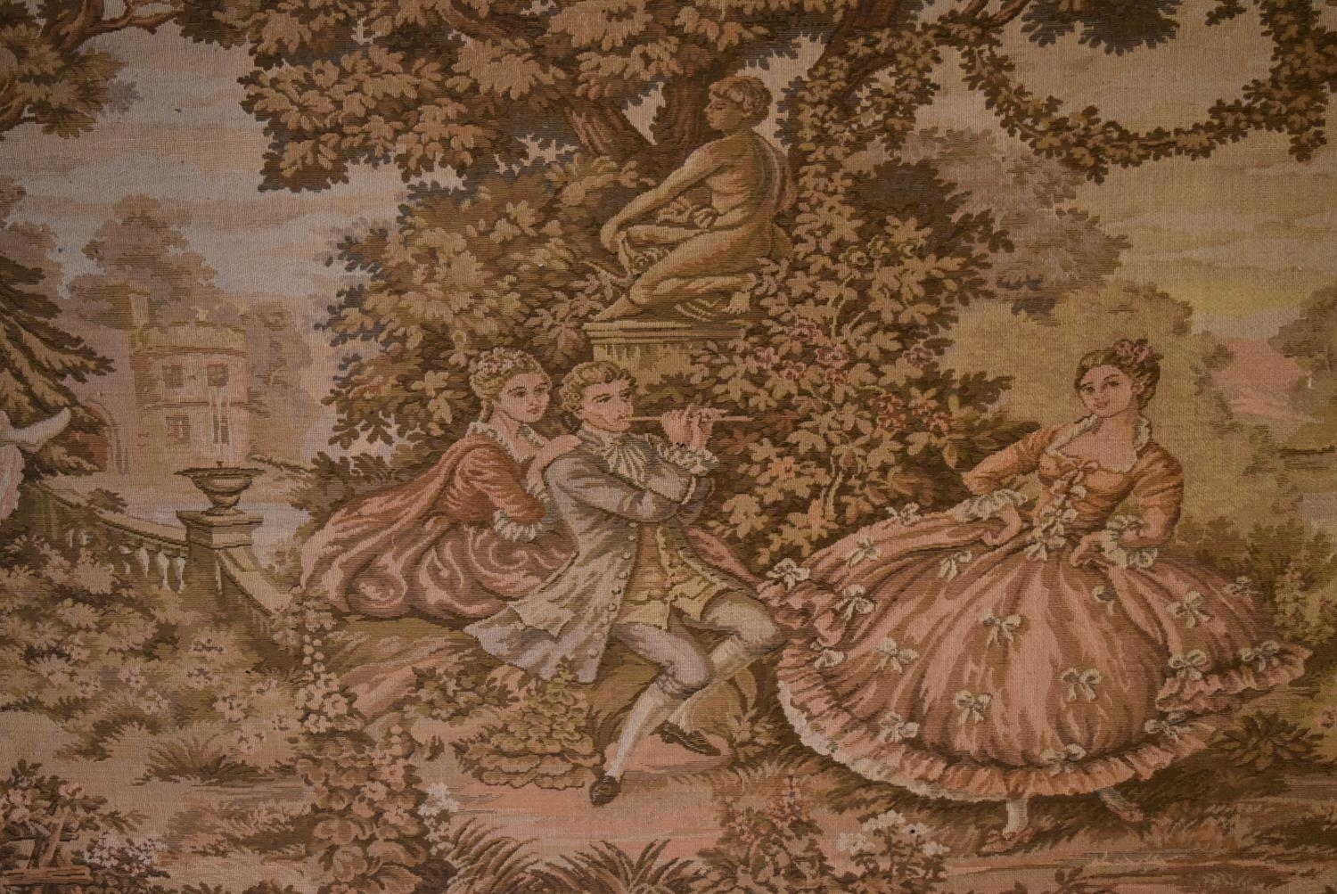 A large gilt framed Aubusson style wall hanging of a garden dance scene. H.75 W.204cm - Image 3 of 7