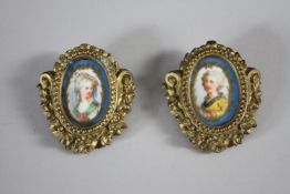 Two 19th century gilt spelter ormolu framed miniature works on porcelain of ladies in formal dress