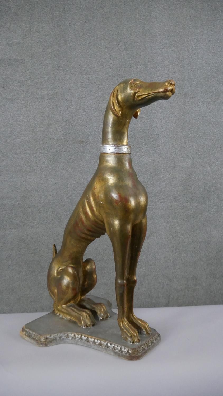 A life size early 20th century carved giltwood greyhound with collar, mounted on a wooden plinth - Image 5 of 6