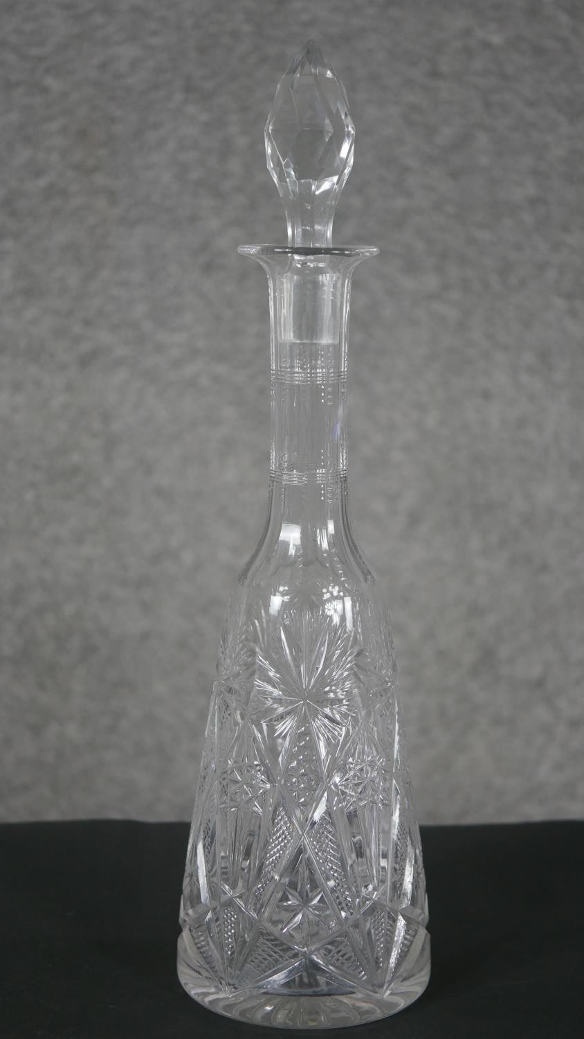 Three cut crystal decanters. One rectangular with a faceted ball stopper and the other two with - Image 2 of 6