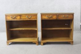 A pair of Georgian style yew wood and crossbanded dwarf open bookcases. H.78. W.78 D.35 cm