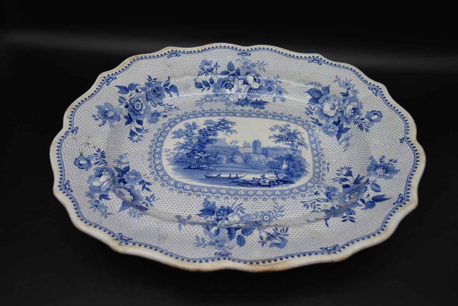 An early 20th century blue and white serving platter, with painted lake scene and floral designs, - Image 2 of 5