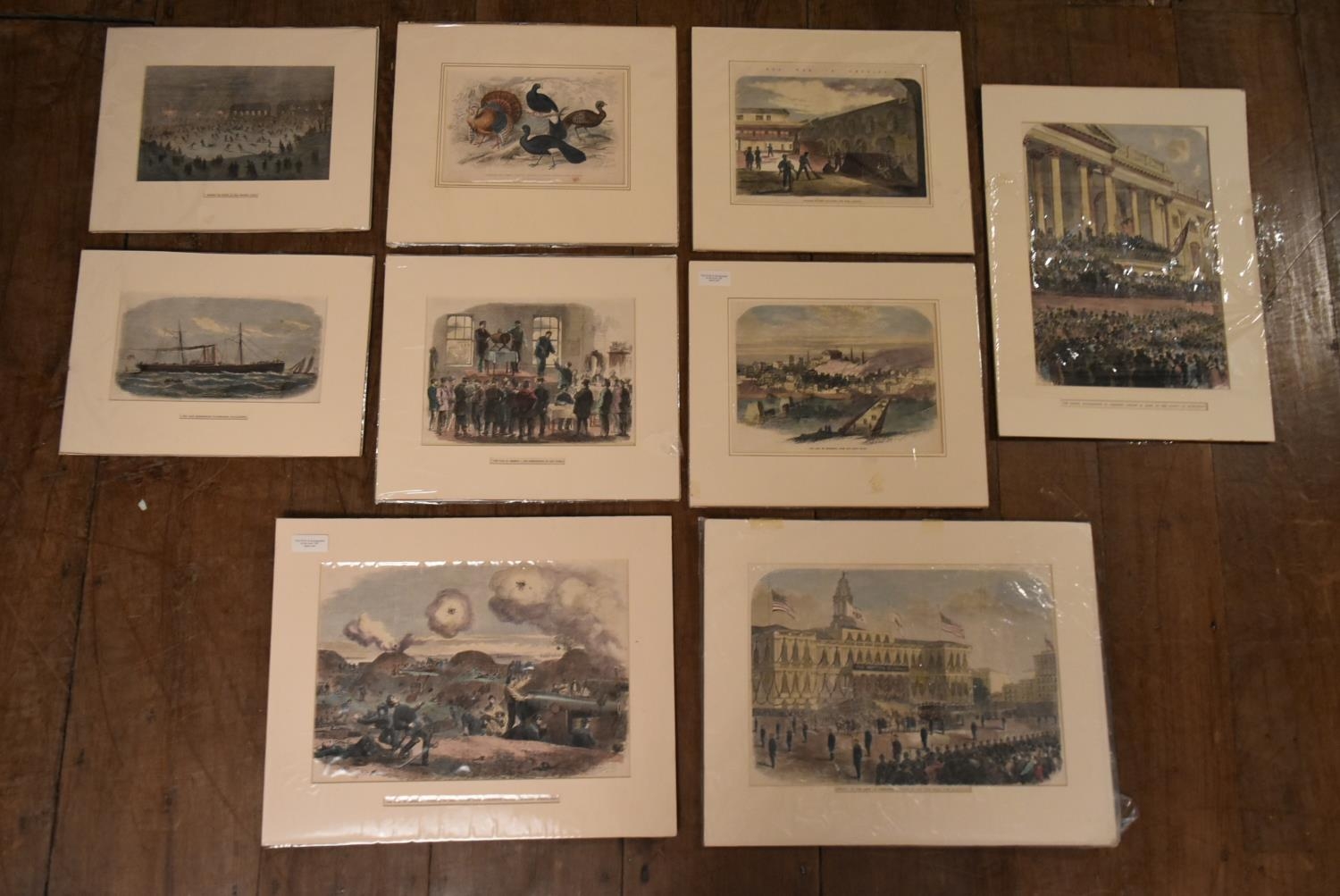 A collection of nine antique hand coloured engravings of military scenes, unframed. H.35 W.45cm (9)