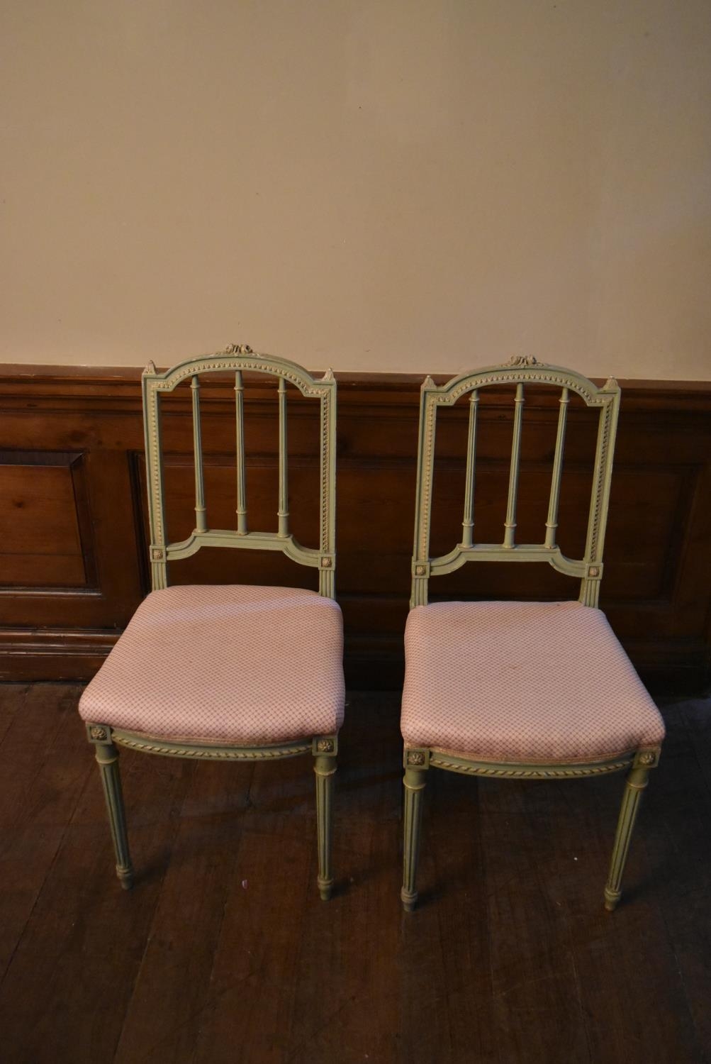 A pair of 19th century Louis XVI style painted salon chairs with carved rosebud top rails above - Image 2 of 7