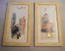 A pair of framed and glazed prints, Eastern townscapes. H.92 W.52cm