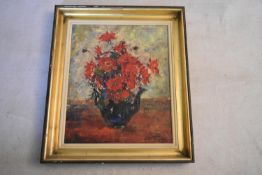 A gilt framed oil on canvas, still life flowers, indistinctly signed. H.82 W.71cm