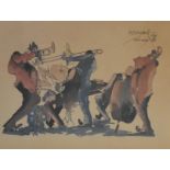 Leo Meiersdorff (1934-1994), a framed and glazed watercolour, jazz musicians, signed and inscribed