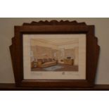 Jean Fressinet (1889-1972) a watercolour in oak Art Deco frame, Chambre studio chez Mr le Comte de