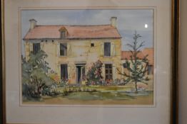 Mollie McCloskey- A framed and glazed watercolour of a house. Signed by artist. H.51 W.62cm