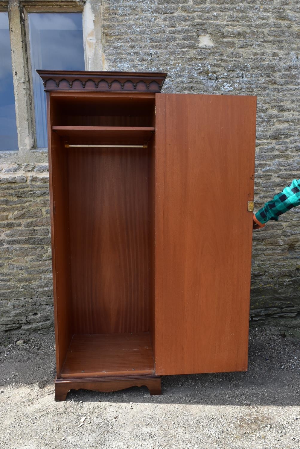 A Georgian style mahogany single wardrobe with panel door enclosing hanging section on shaped - Image 2 of 5