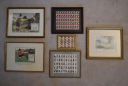 A collection of six prints including three framed and glazed American stamp collections, two cartoon