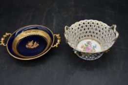 A Limoges gold plated twin handled bowl marked Limoges Kastel 22k gold along with a flower encrusted