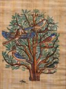 A framed and glazed ink on papyrus, tree of life, signed to the left 'J/Mourad'. H.52 W.46cm