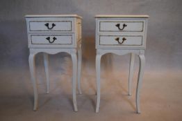 A pair of mid century French style bedside cabinets on slender cabriole supports. H.69 W.35 D.33cm