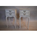 A pair of mid century French style bedside cabinets on slender cabriole supports. H.69 W.35 D.33cm