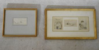 A 19th century framed and glazed pencil drawing, landscape, label to reverse and a similar, sketches