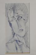 A gilt framed and glazed ink sketch, portrait in the manner of Modigliani, monogrammed. H.34 W.28cm