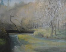 Richard Ewen (B.1929) - A gilt framed oil on canvas, depicting a river scene, titled 'The Fallen