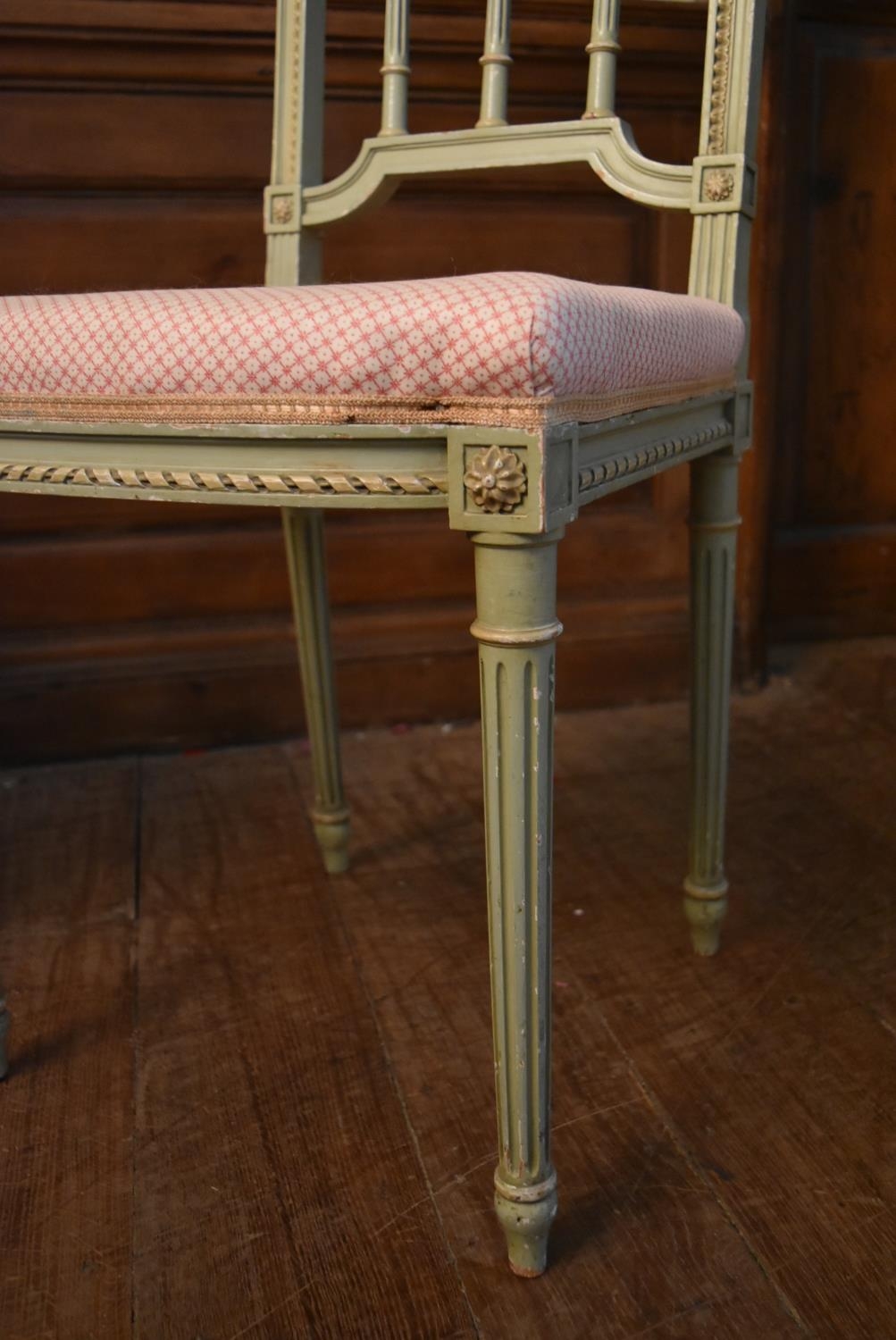 A pair of 19th century Louis XVI style painted salon chairs with carved rosebud top rails above - Image 6 of 7
